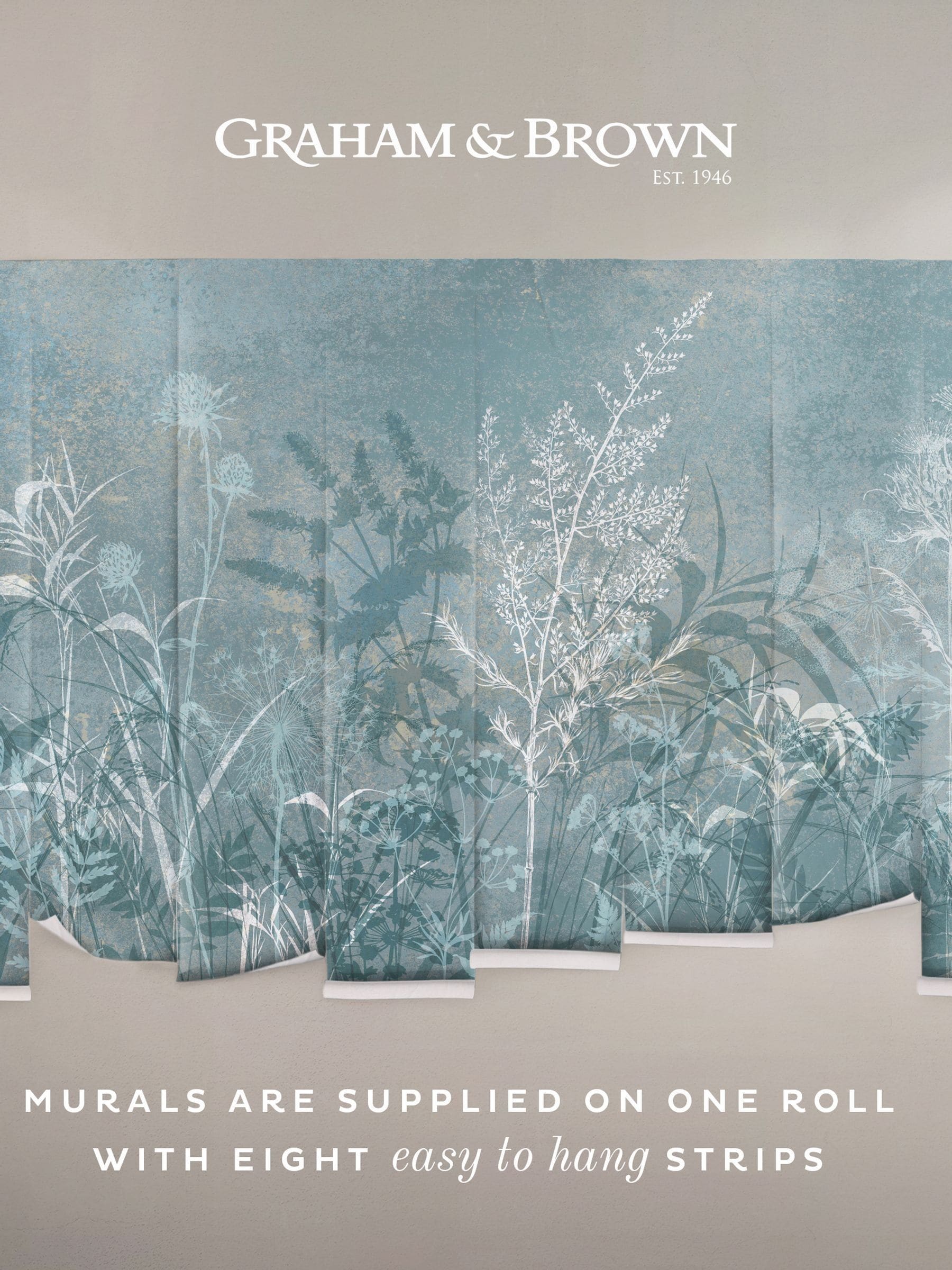Graham & Brown Sky Restore botanical blue mural 2.5m x 4m, imported from the UK