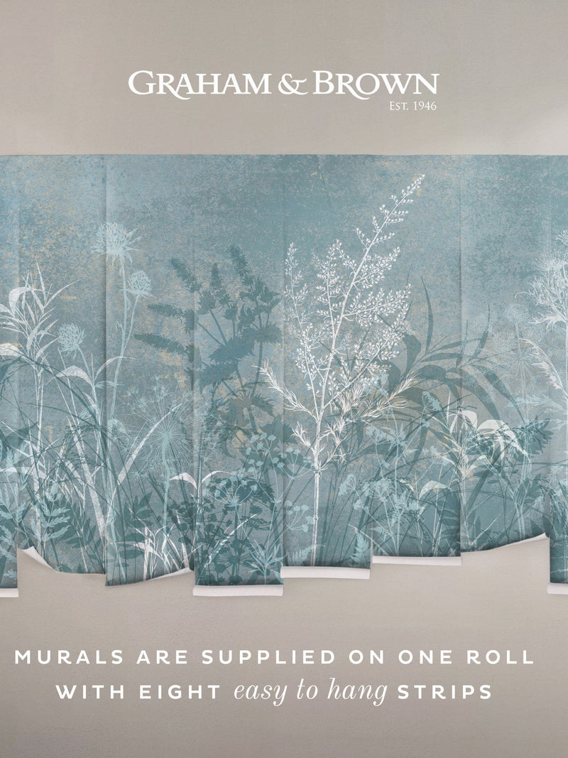Graham & Brown Sky Restore botanical blue mural 2.5m x 4m, imported from the UK