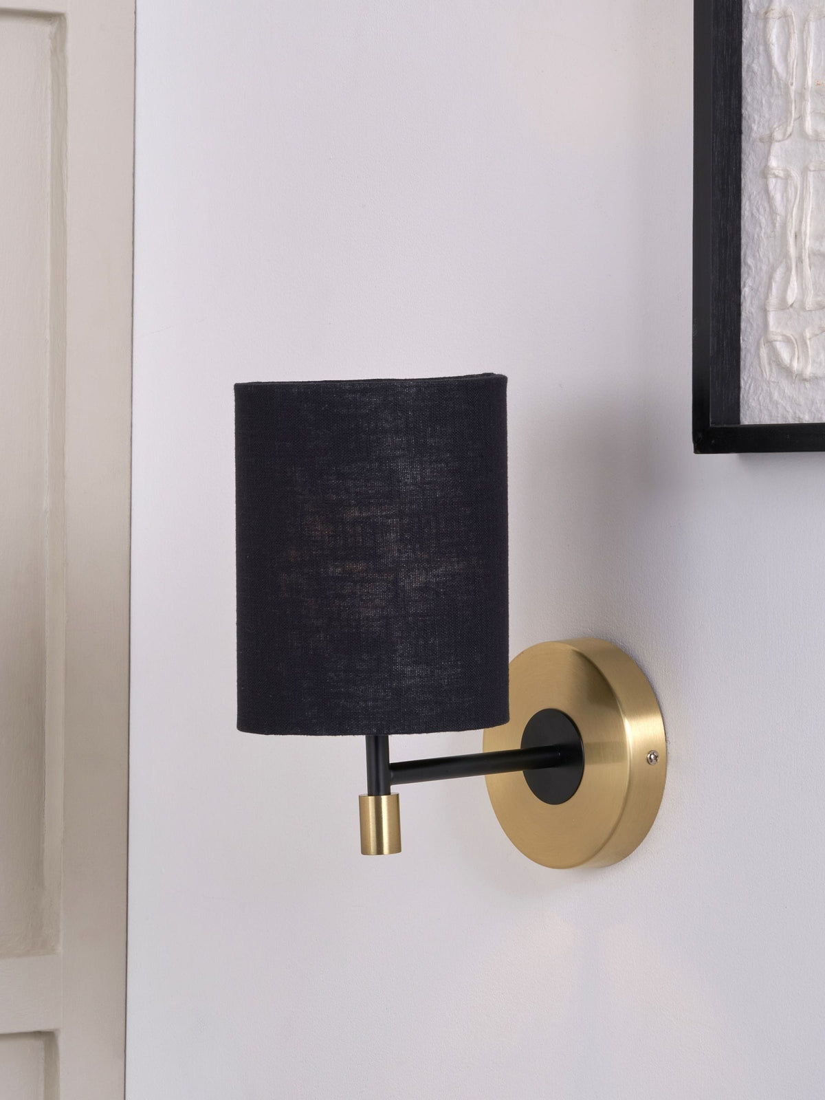 Pacific Black Bryce metal wall light with linen shade, imported from the UK