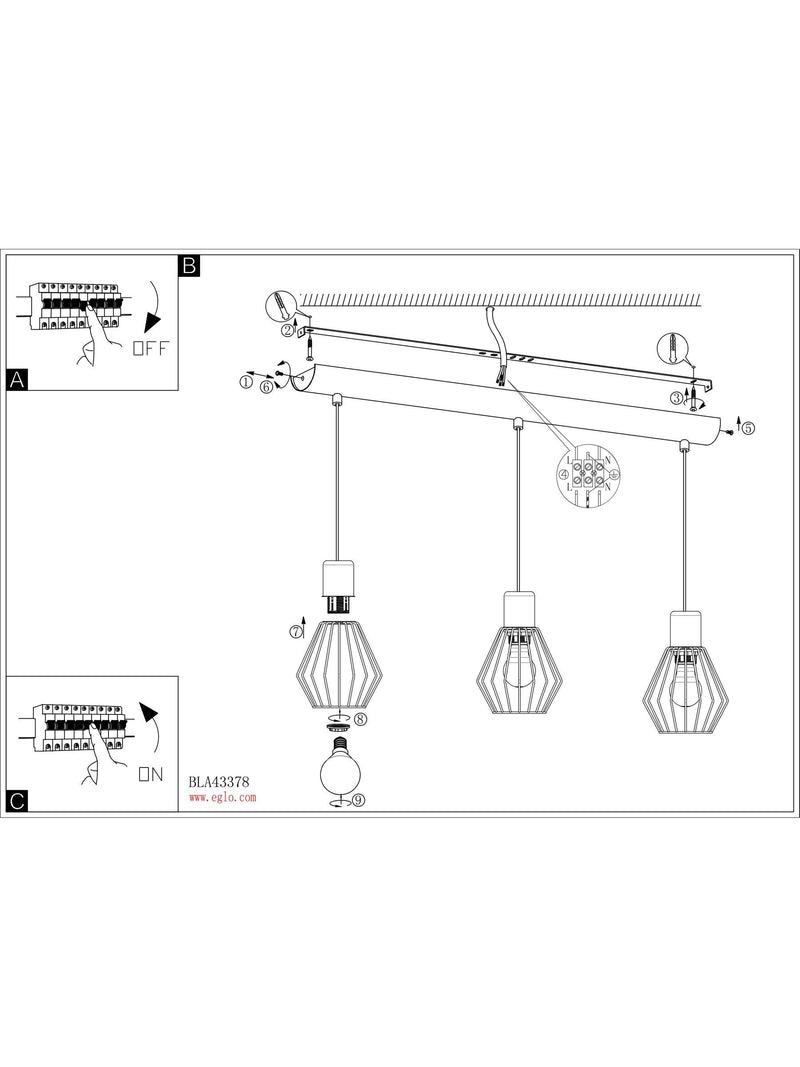 Eglo Palmorla pendant ceiling light black wood 3-light (British brand)