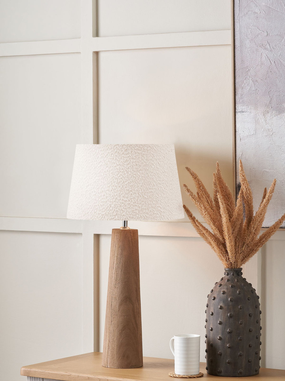Pacific Natural conical wood table lamp with white boucle shade (British brand)