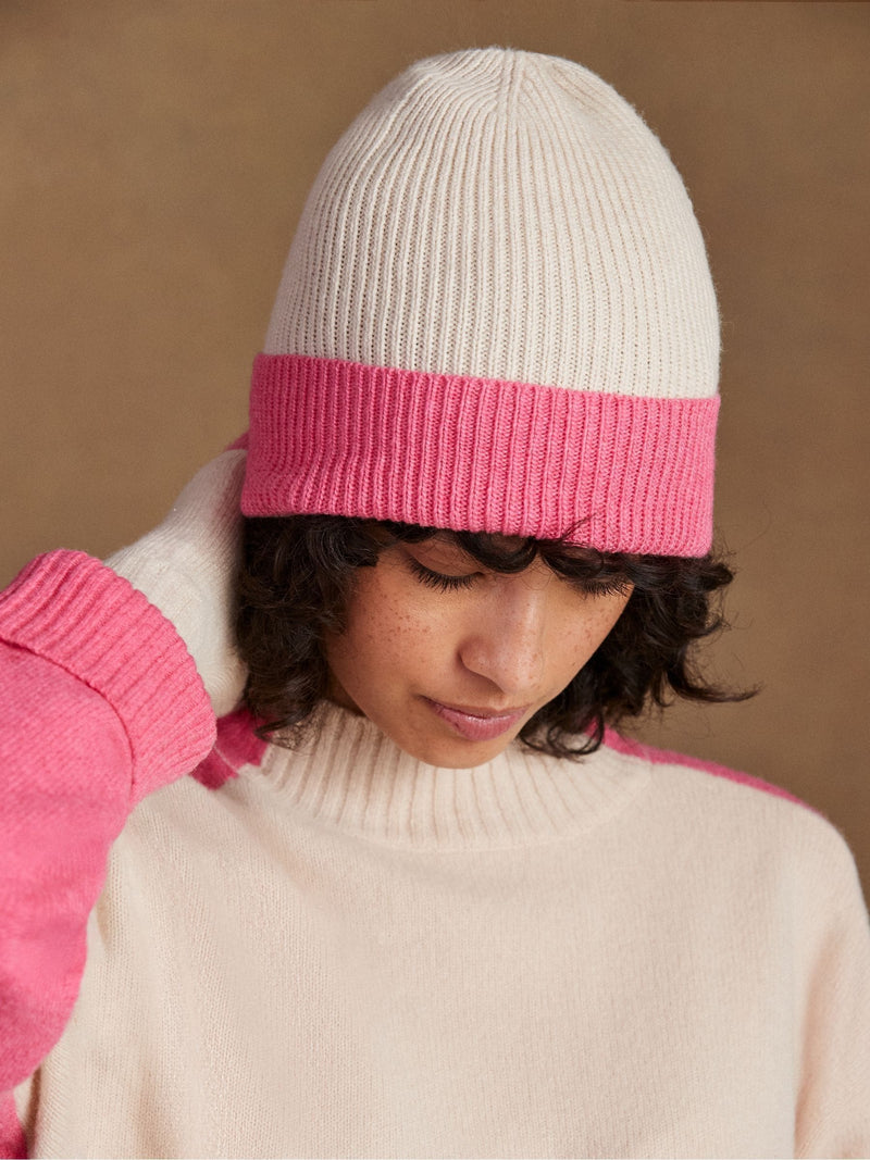Ro&Zo pink colour block beanie hat with cashmere (British brand)