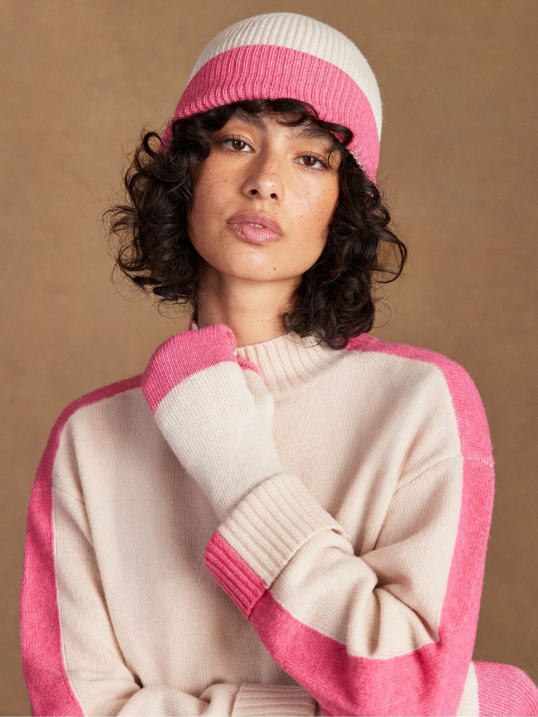 Ro&Zo pink colour block beanie hat with cashmere (British brand)