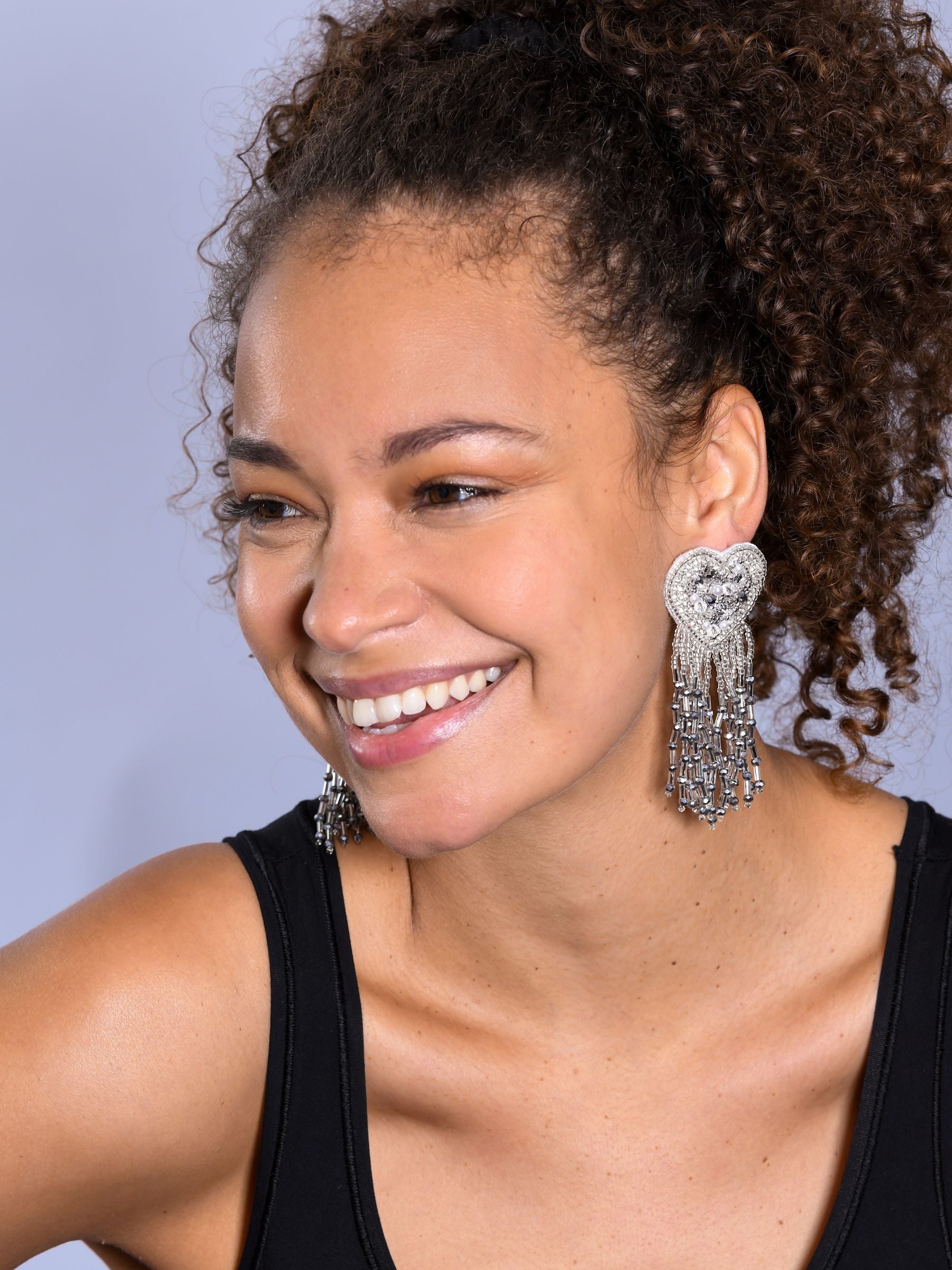 Bibi Bijoux silver tone heart shower earrings, UK version