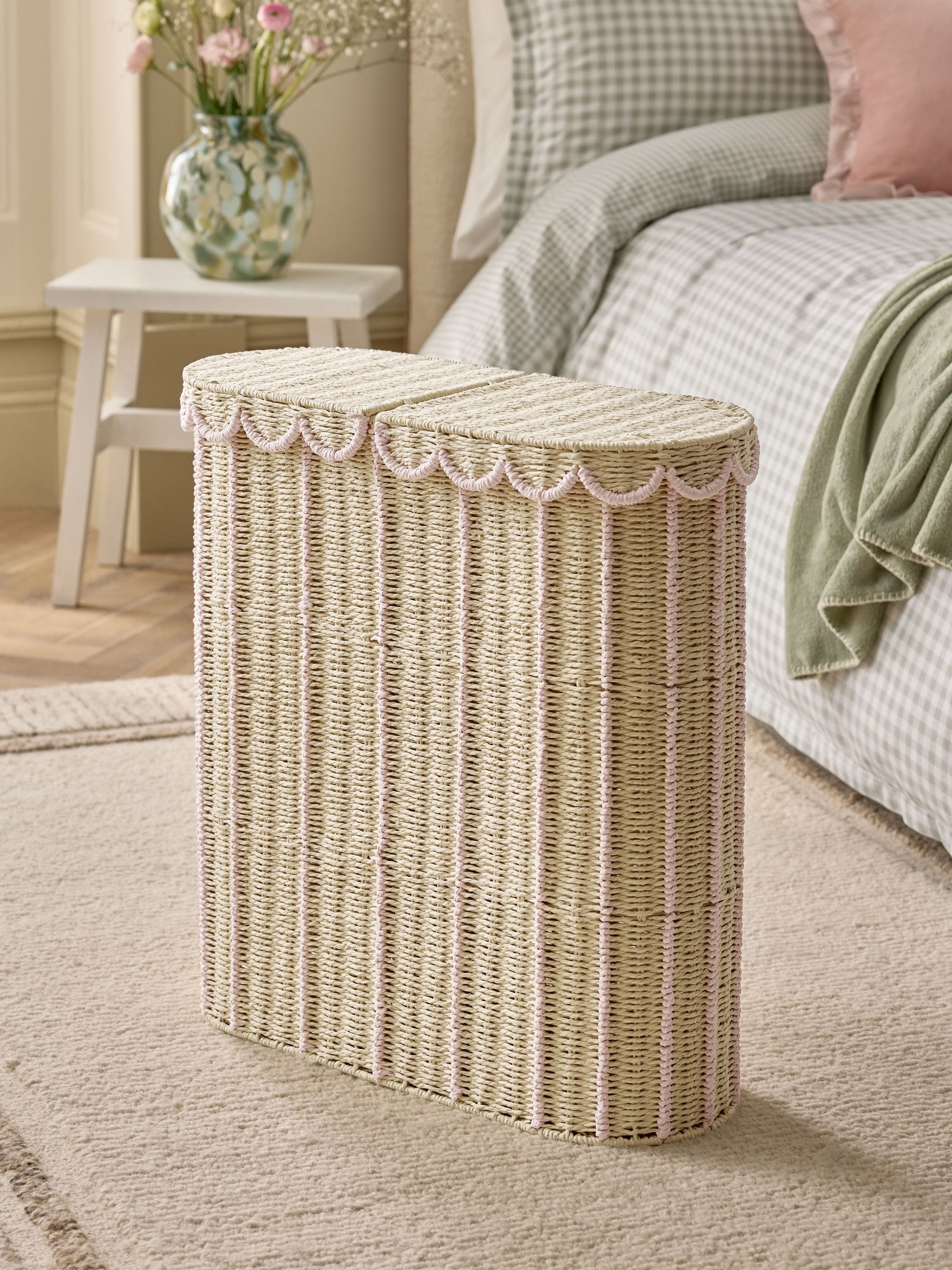 Pink Sorter Scallop Wicker Laundry Basket