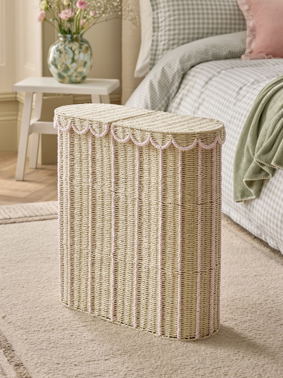 Pink Sorter Scallop Wicker Laundry Basket