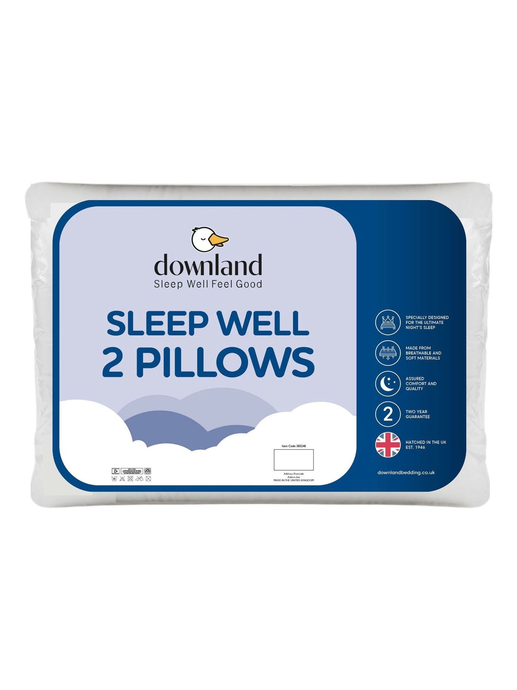 Downland Sleep Well Pillow Pair with hollowfibre filling, imported from the UK