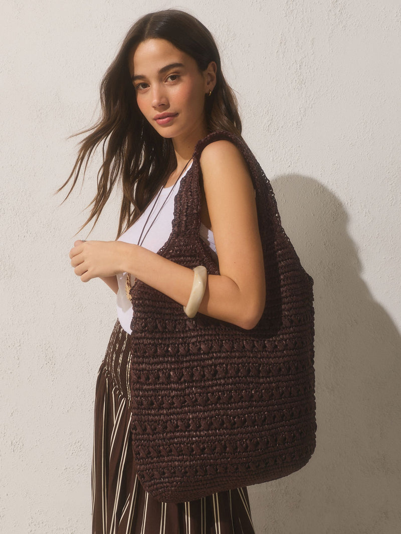 Chocolate Brown Raffia Effect Shoulder Bag
