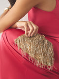 Champagne gold pearl effect fringe clutch bag, UK version