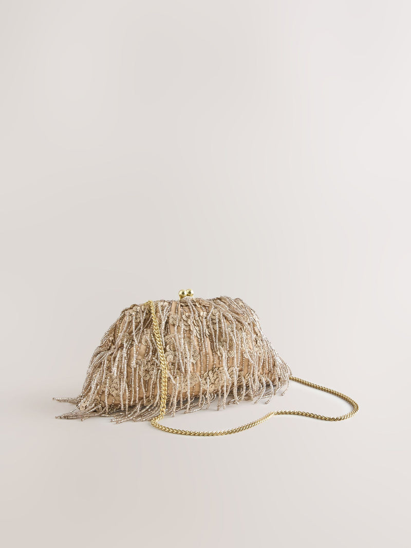 Champagne gold pearl effect fringe clutch bag, UK version