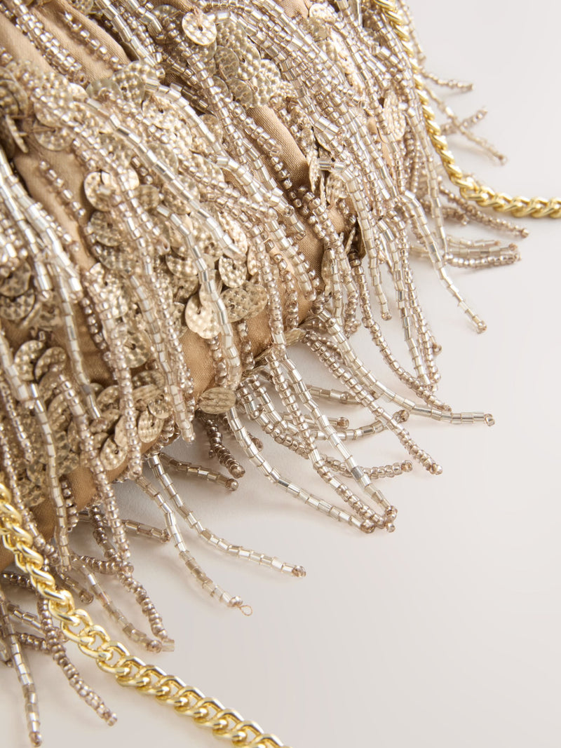 Champagne gold pearl effect fringe clutch bag, UK version