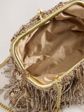 Champagne gold pearl effect fringe clutch bag, UK version