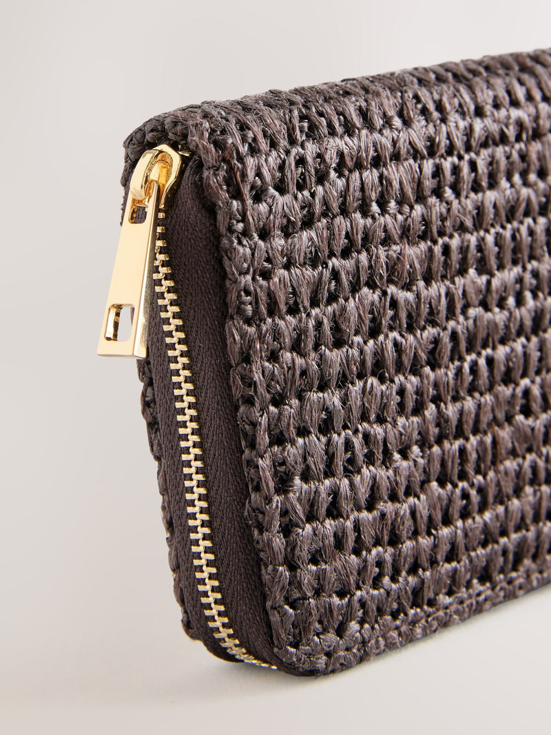 Chocolate brown raffia effect midi purse, imported from the UK