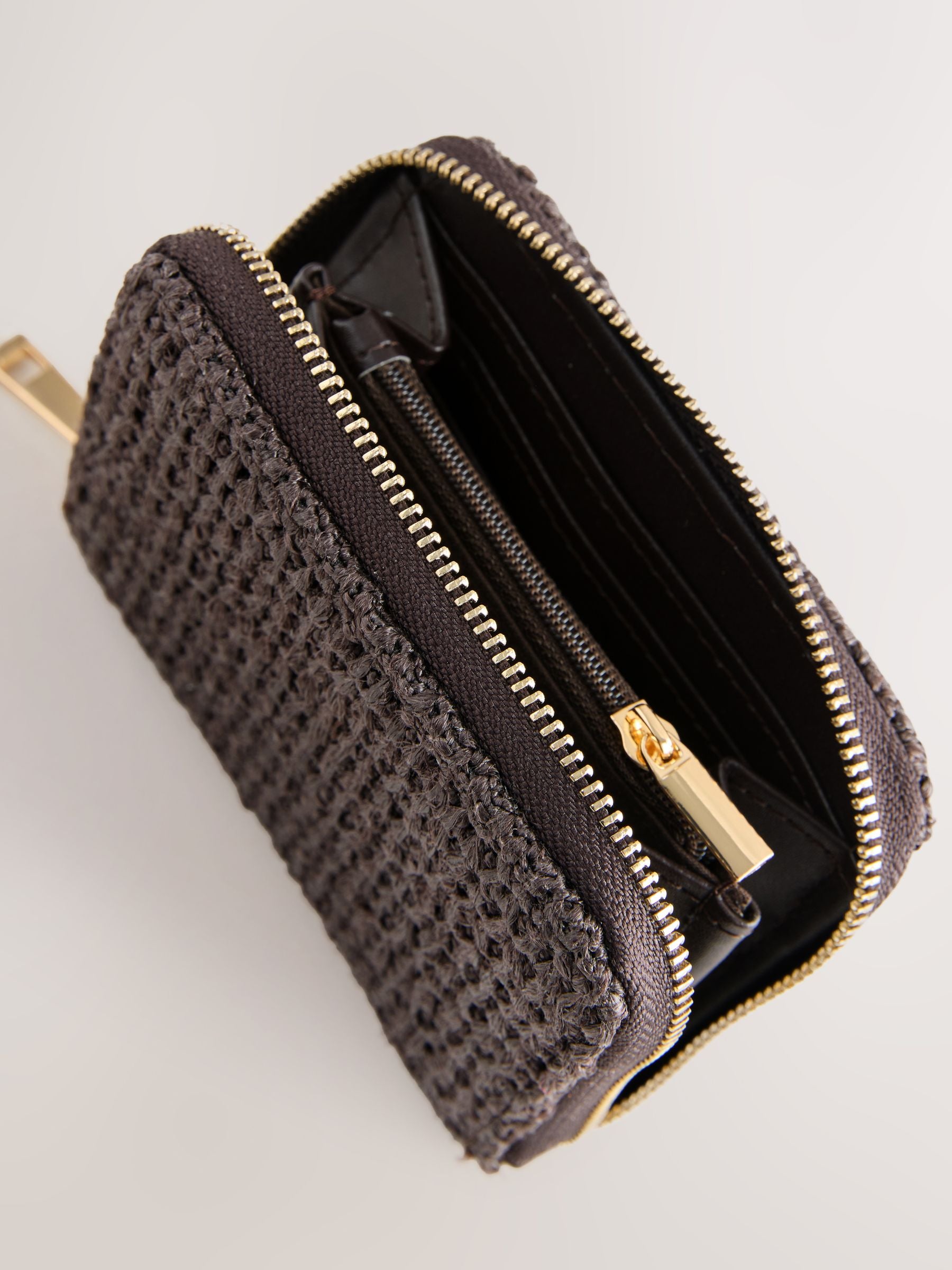 Chocolate brown raffia effect midi purse, imported from the UK