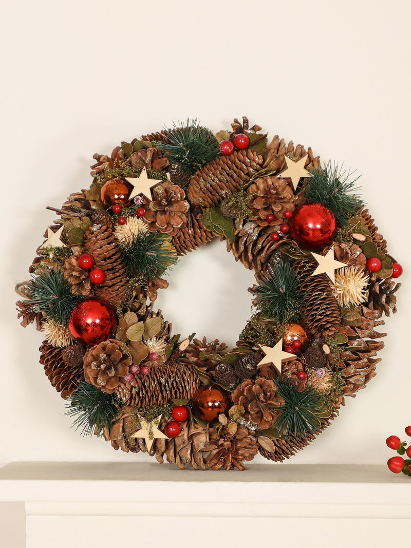 Dibor pine cone wreath 36cm with red baubles - British product