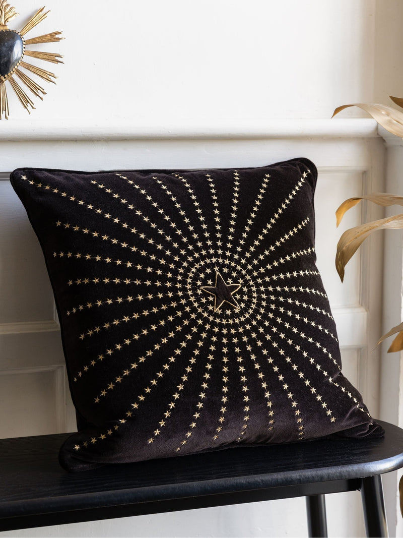 Rockett St George black embroidered starburst cotton velvet cushion 50cm, imported from the UK