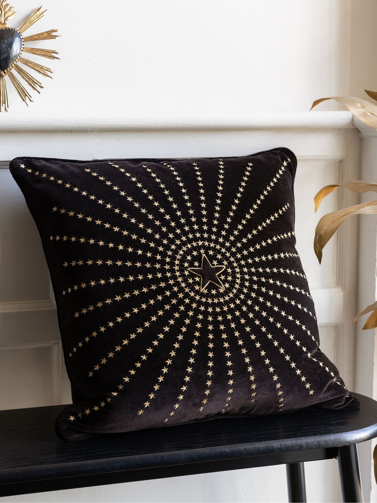 Rockett St George black embroidered starburst cotton velvet cushion 50cm, imported from the UK