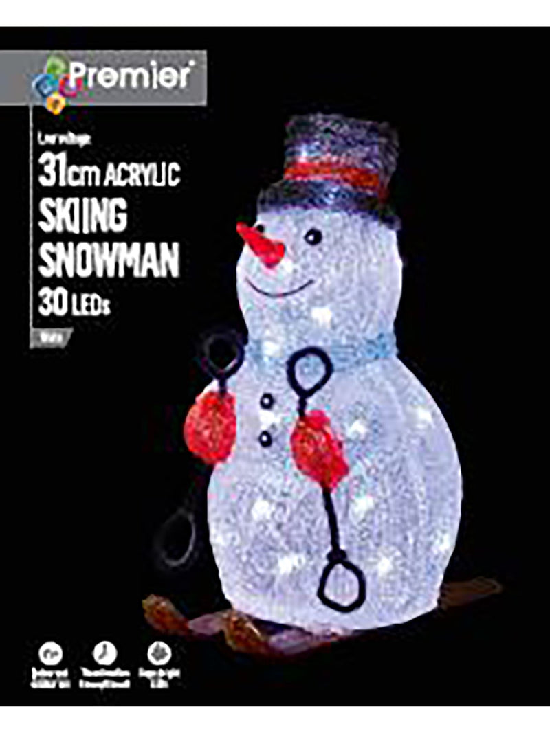 Premier Decorations skiing snowman with 30 white LEDs 31cm, imported from the UK