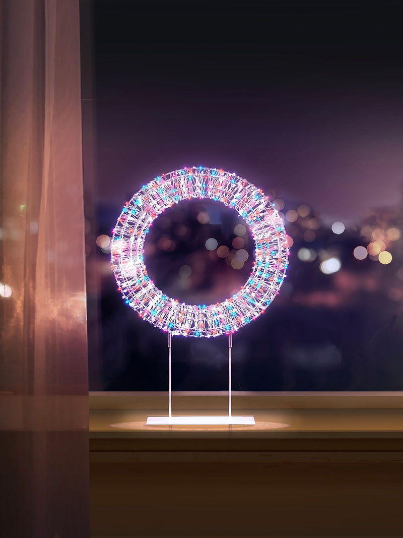 Premier Decorations 45cm white table top wreath rainbow LEDs, imported from the UK