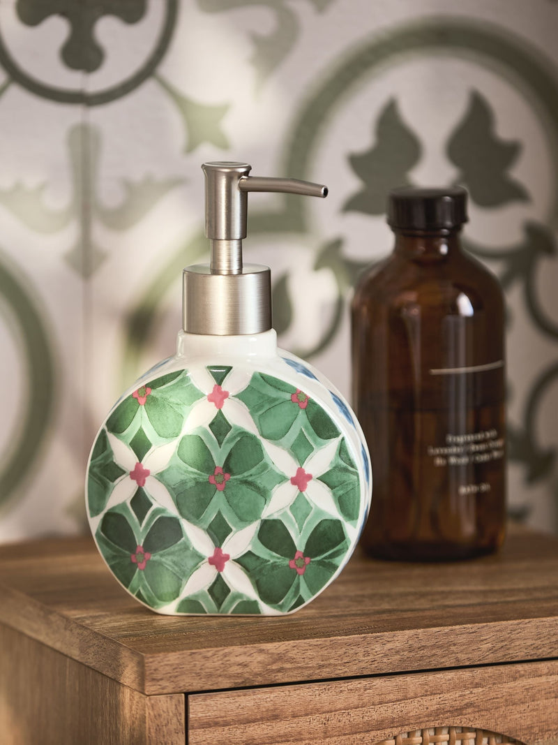 Green tile ceramic soap dispenser 18.5cm, imported from the UK