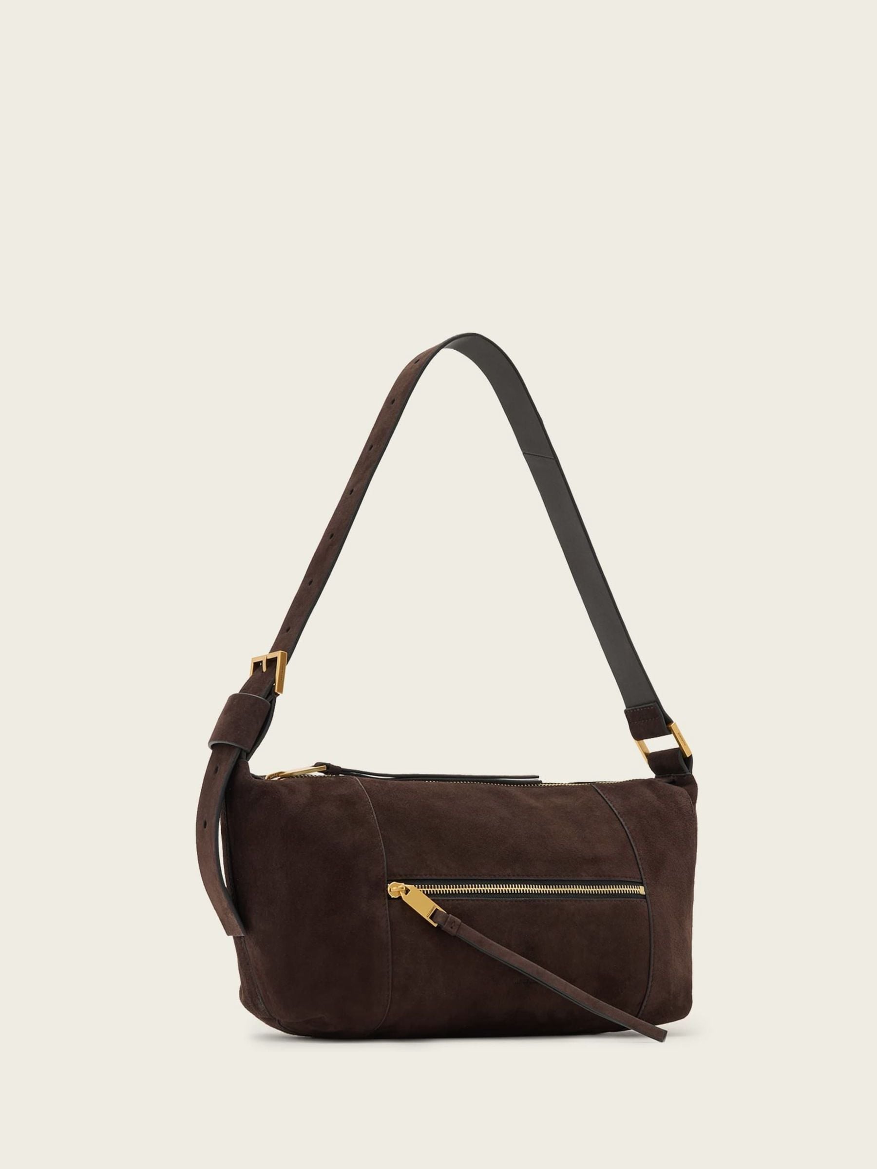 AllSaints Brown Vega Suede Shoulder Bag, imported from the UK