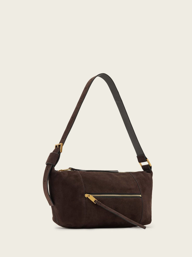 AllSaints Brown Vega Suede Shoulder Bag, imported from the UK