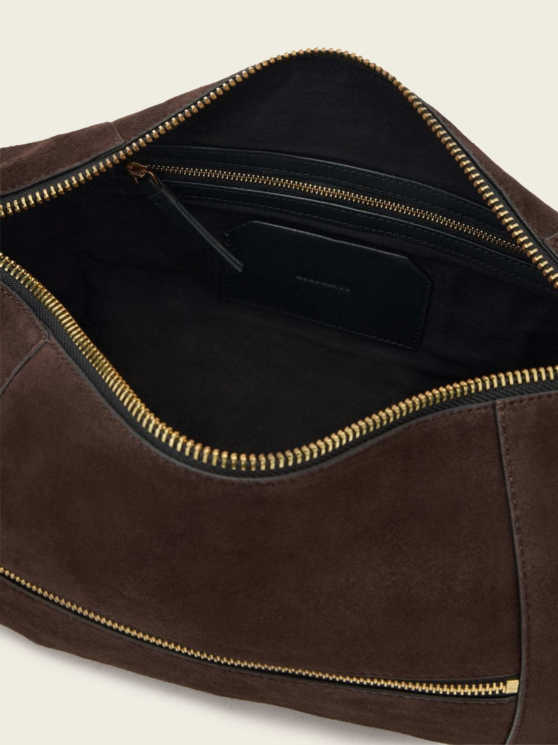 AllSaints Brown Vega Suede Shoulder Bag, imported from the UK