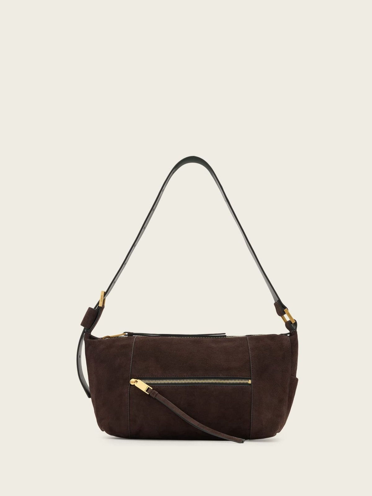 AllSaints Brown Vega Suede Shoulder Bag, imported from the UK