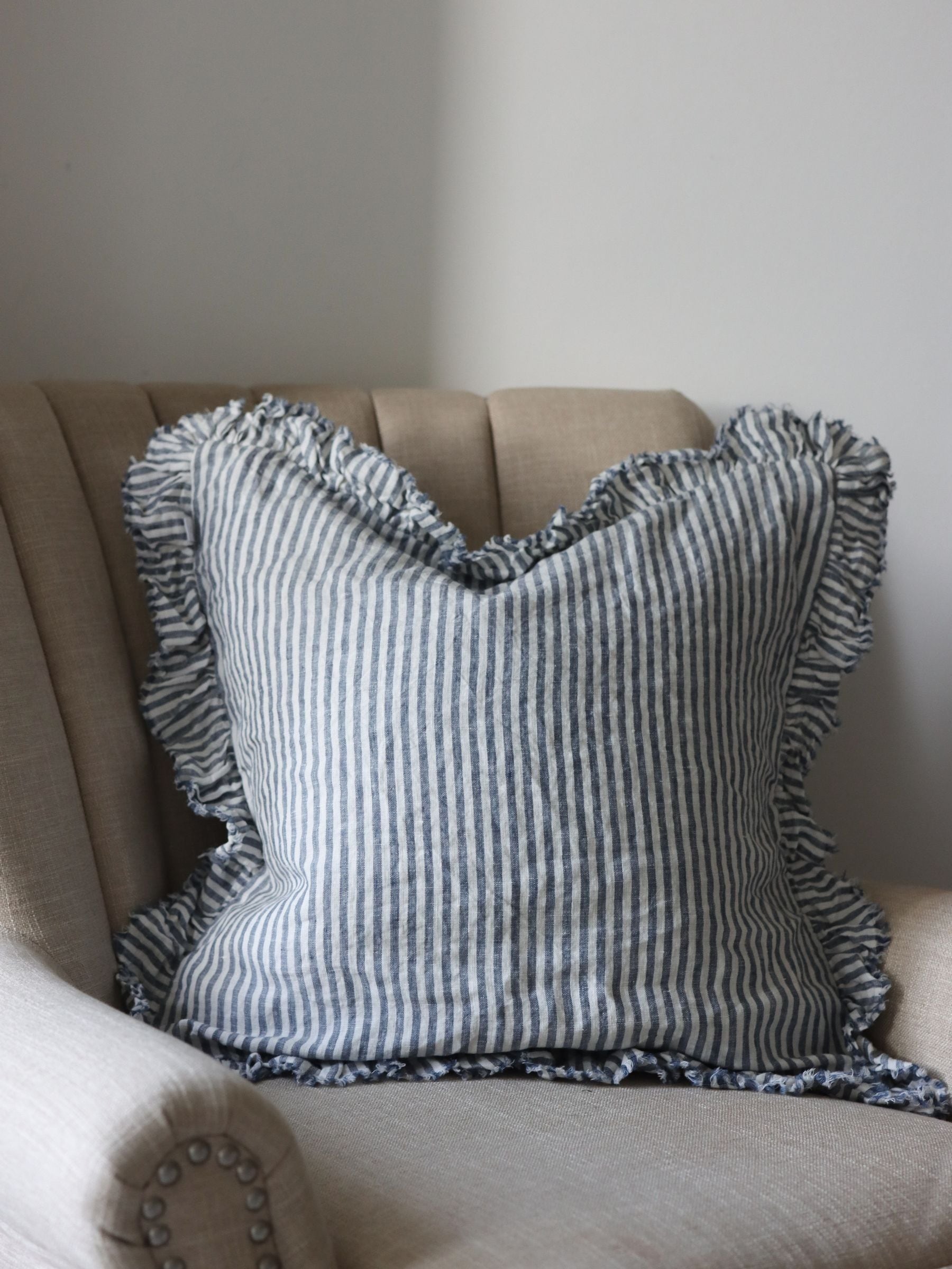 Ellenvale Interiors Navy Hallie Stripe Ruffle 45 x 45cm Cushion Cover