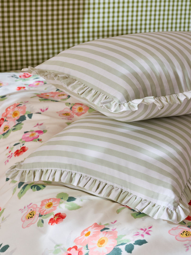 Cath Kidston set of 2 green stripe frill cotton pillowcases (British brand)
