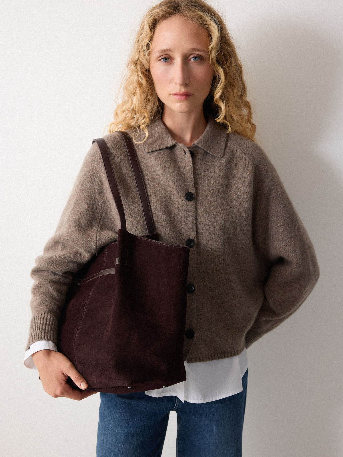 Jigsaw brown suede tote bag with leather straps, UK version