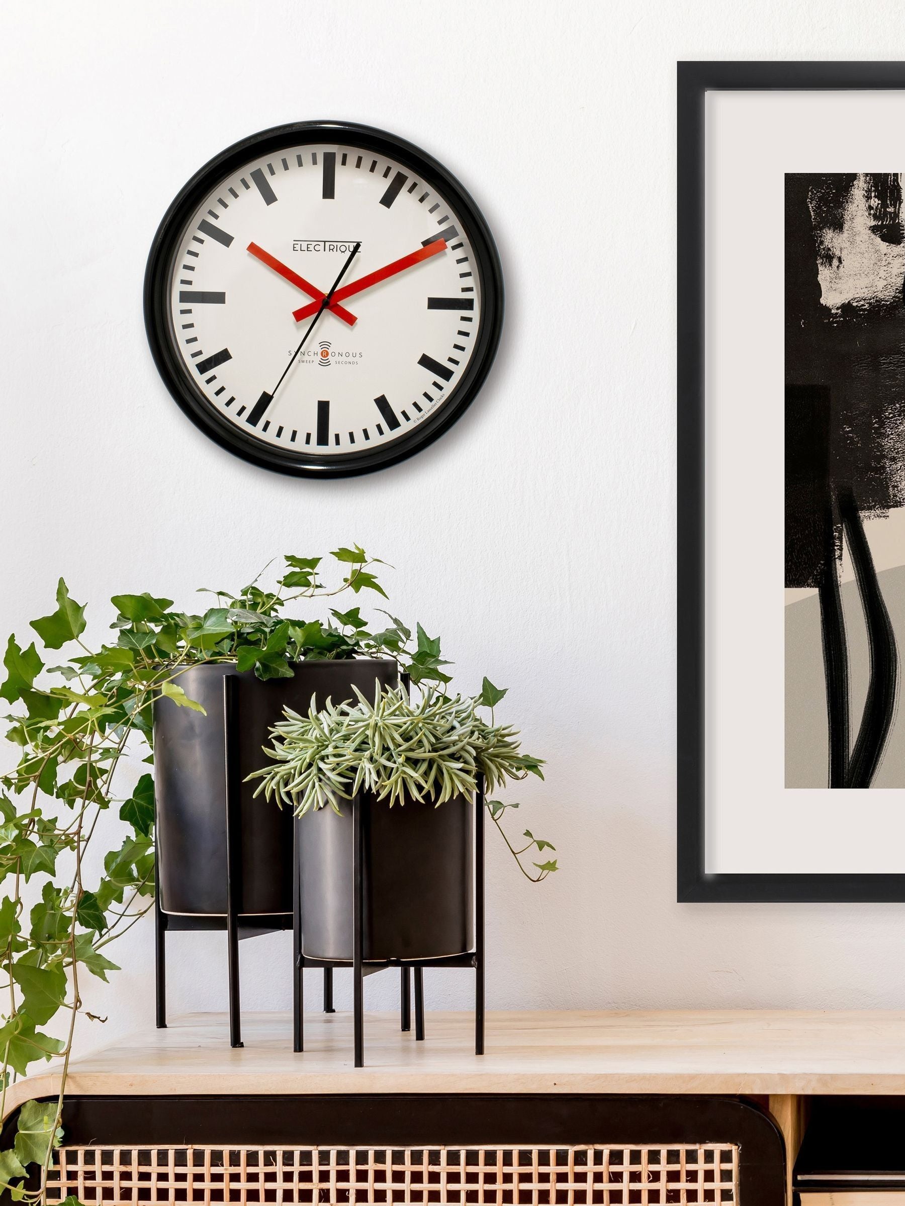 Brookpace Lascelles black Swiss station clock 30cm, imported from the UK