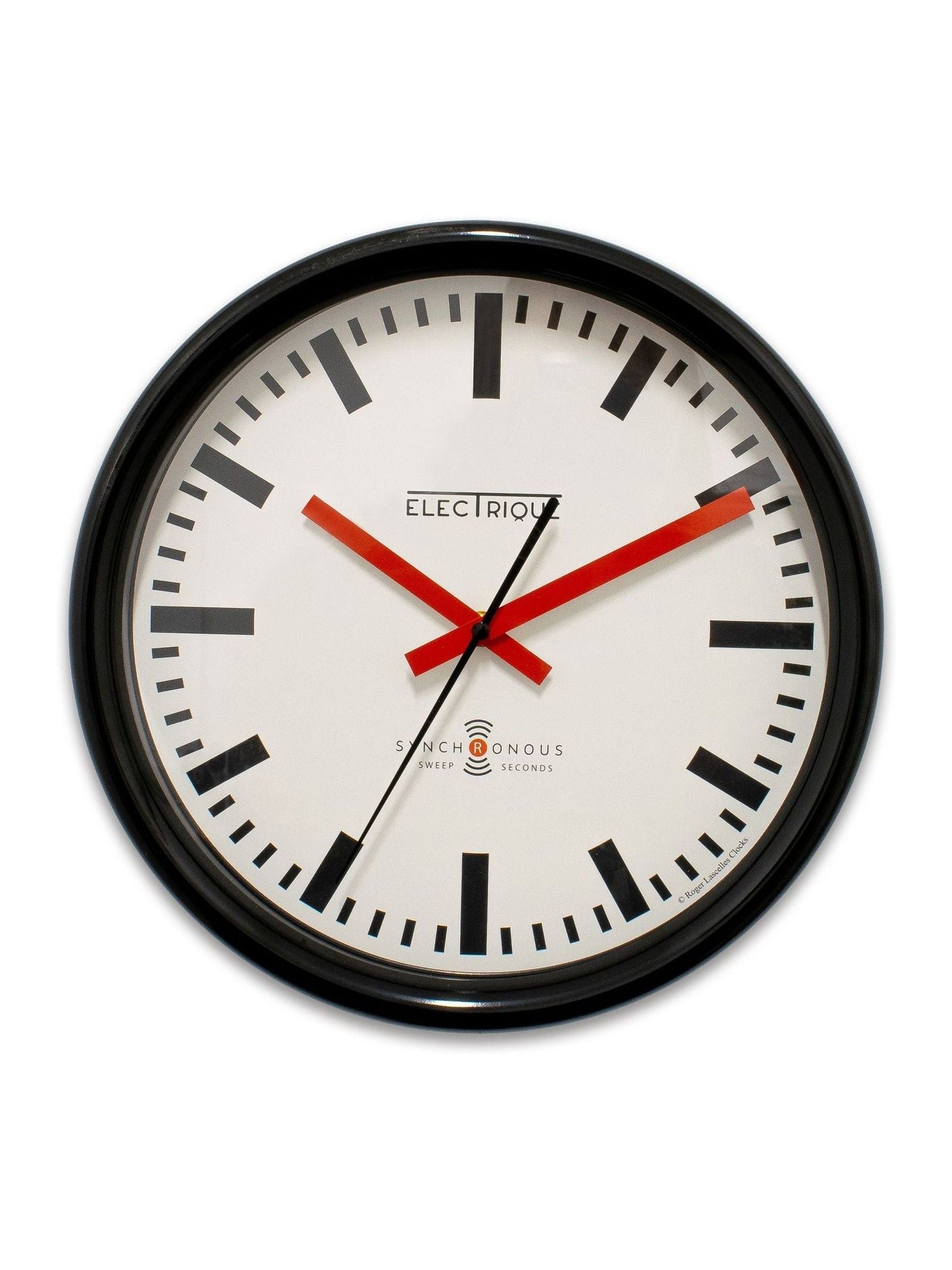 Brookpace Lascelles black Swiss station clock 30cm, imported from the UK