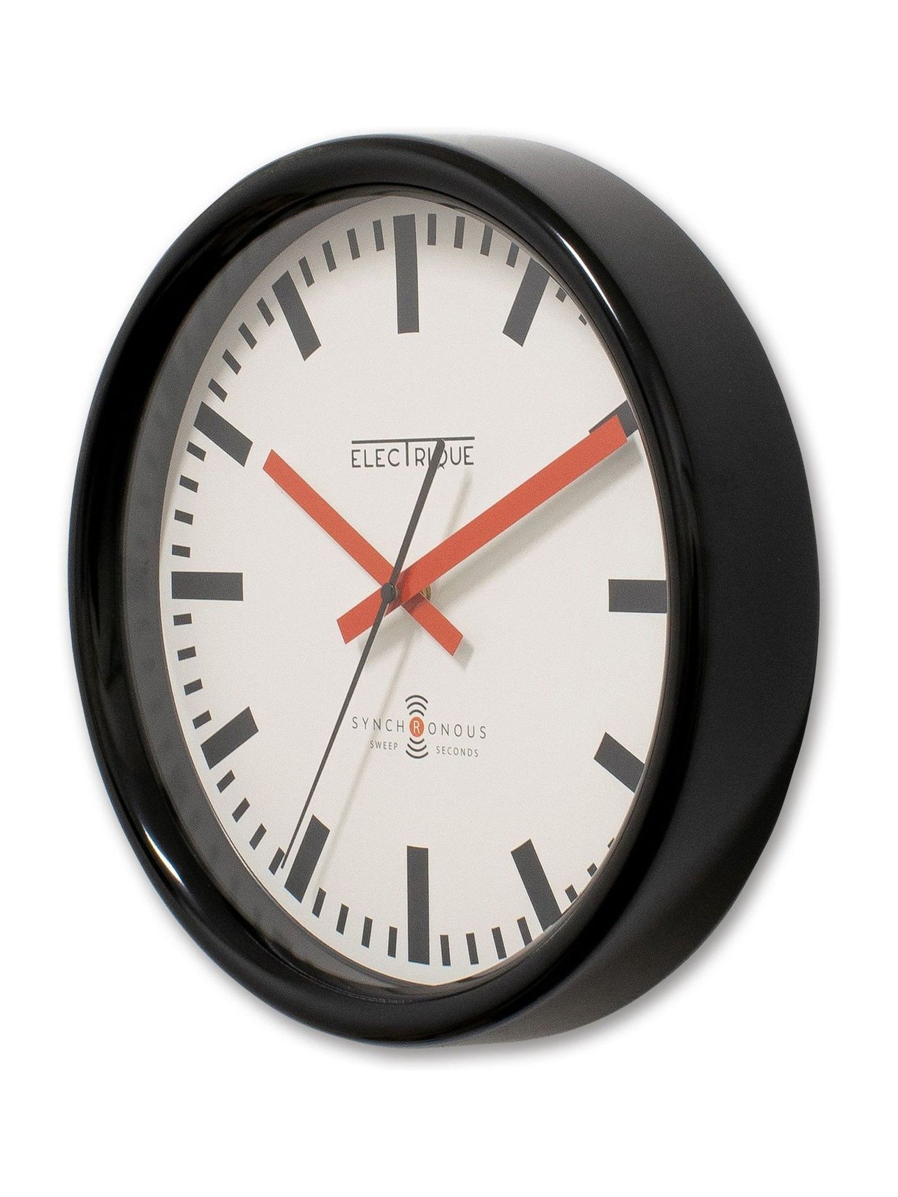 Brookpace Lascelles black Swiss station clock 30cm, imported from the UK