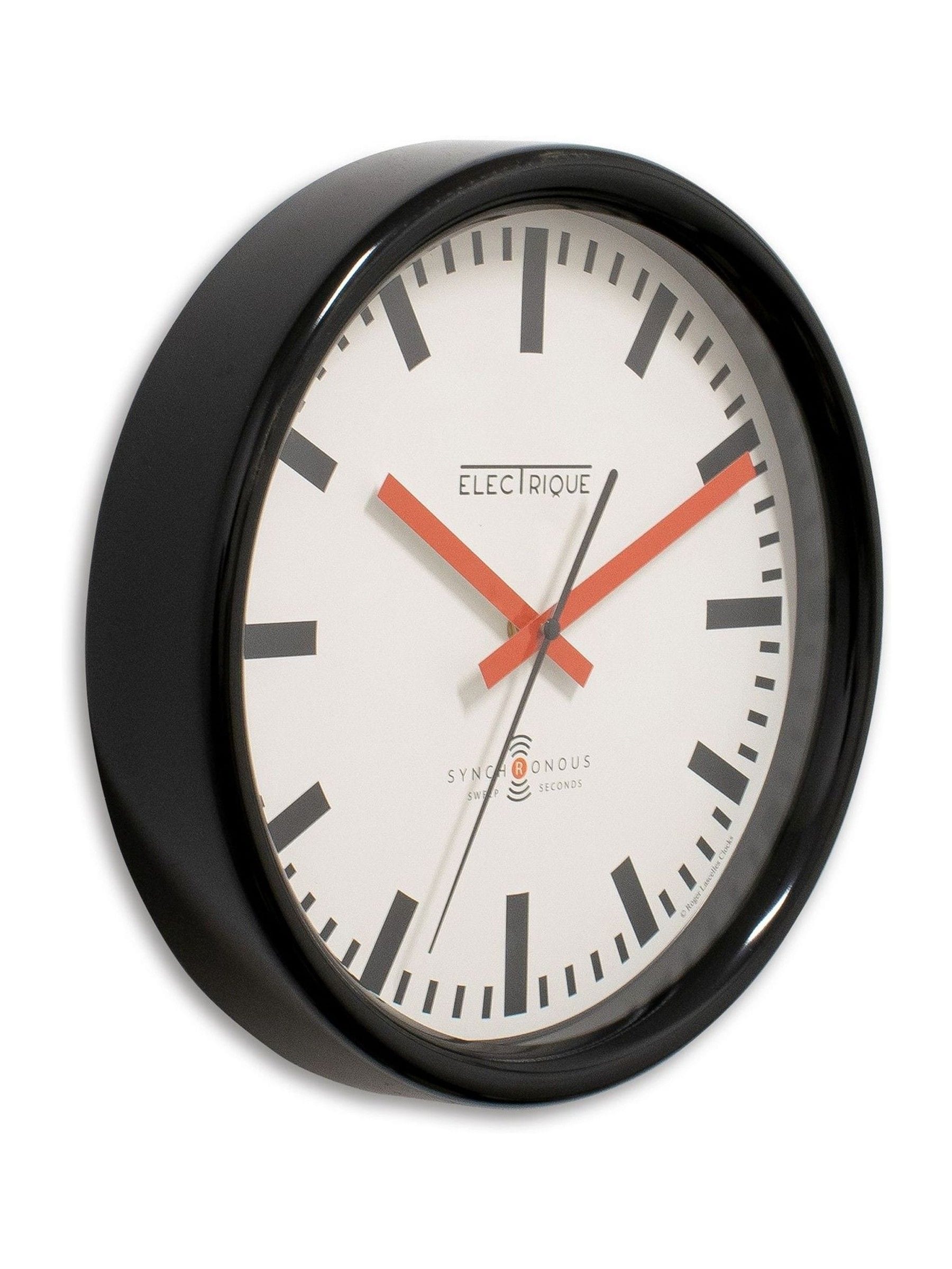 Brookpace Lascelles black Swiss station clock 30cm, imported from the UK