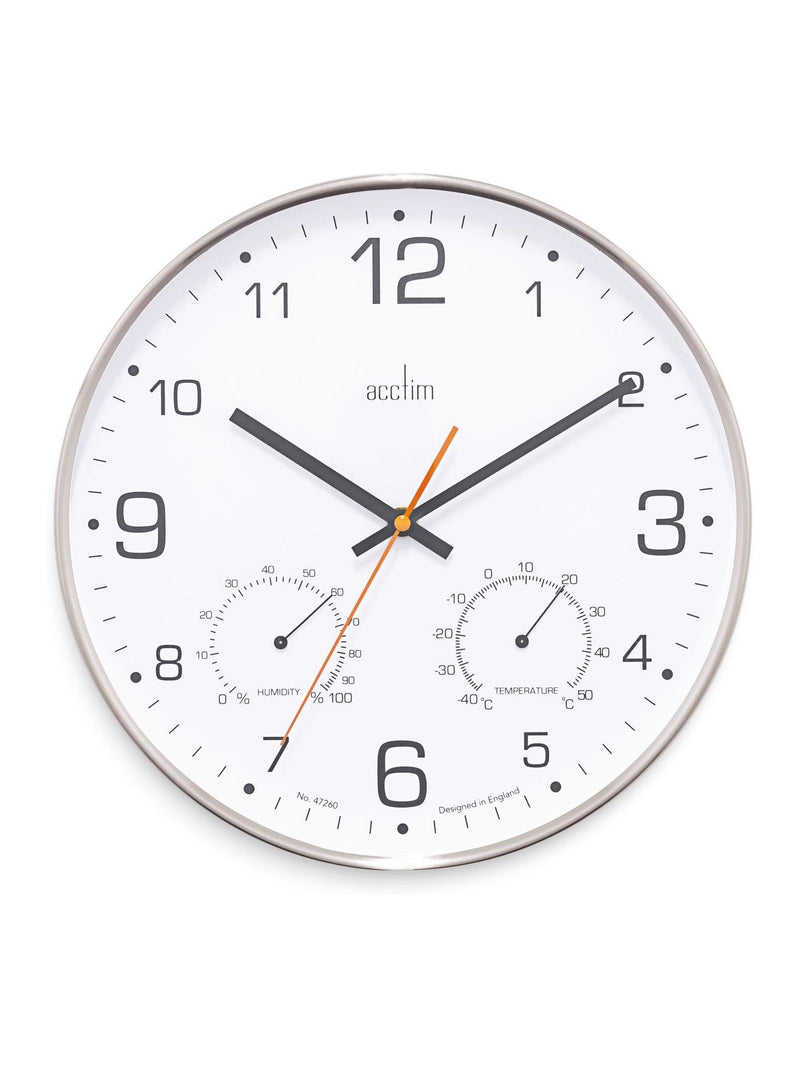 Acctim Chrome Komfort thermo hygro wall clock 30.5cm, UK version