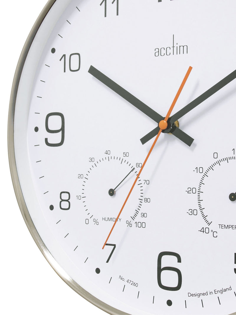 Acctim Chrome Komfort thermo hygro wall clock 30.5cm, UK version