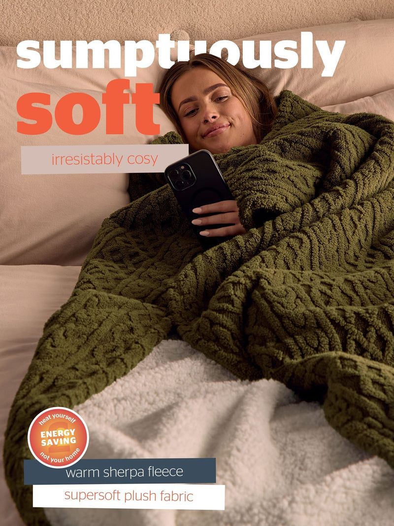 Silentnight Heat Genie giant cable knit blanket olive - British product