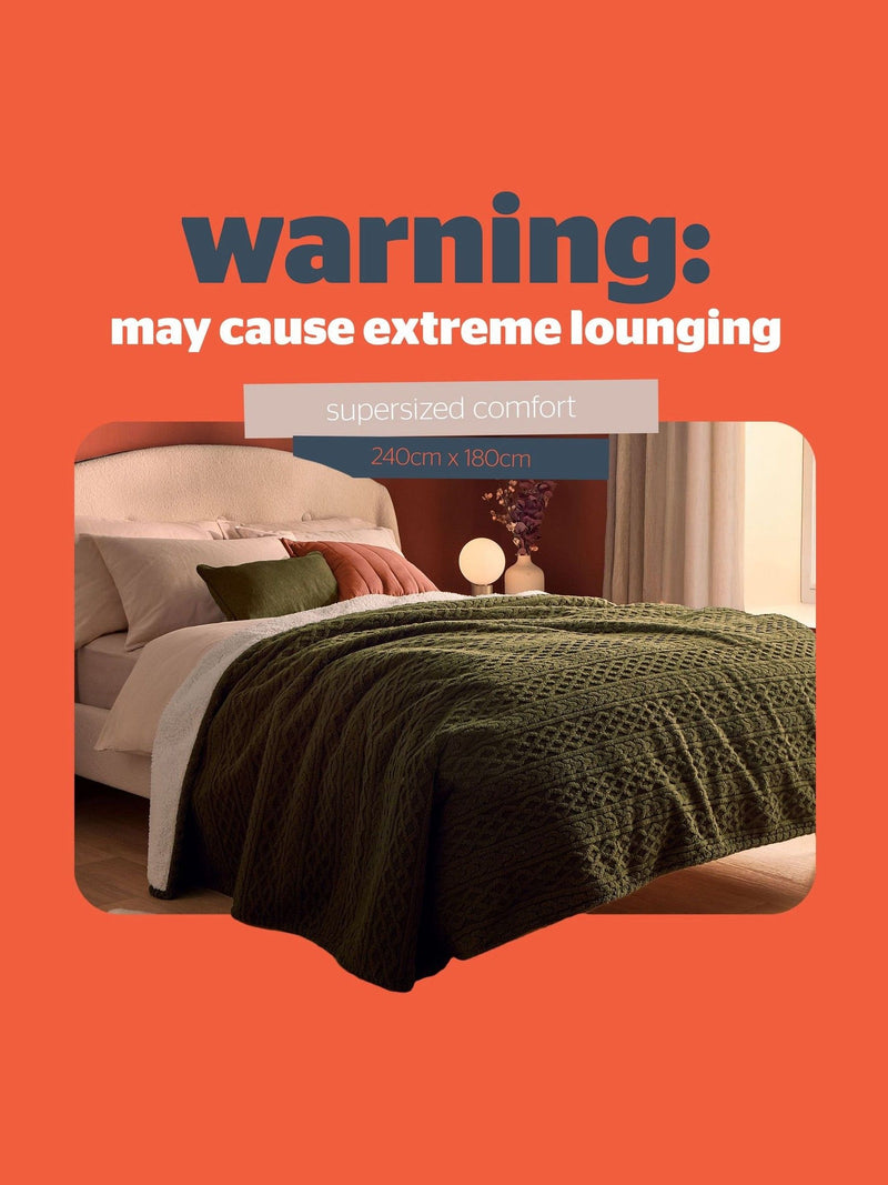Silentnight Heat Genie giant cable knit blanket olive - British product