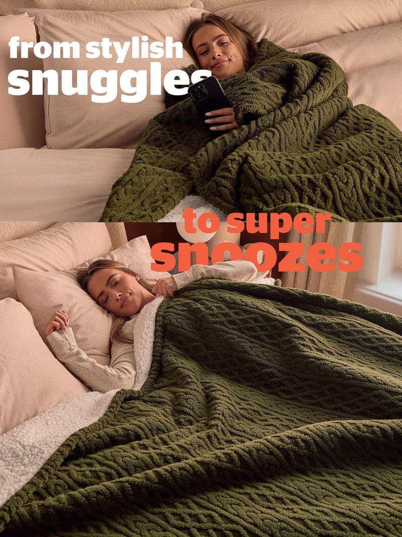 Silentnight Heat Genie giant cable knit blanket olive - British product