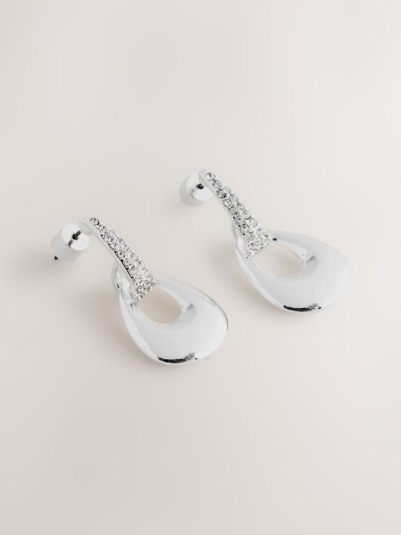 Silver-tone drop pendant earrings with diamond detailing, UK version