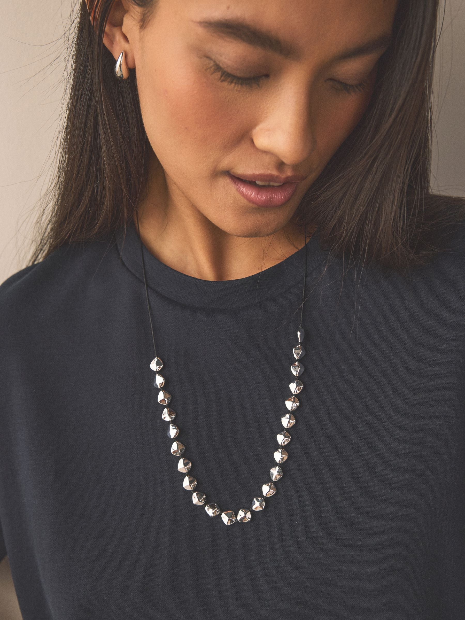 Gold Tone Chunky Beaded Cord Necklace
