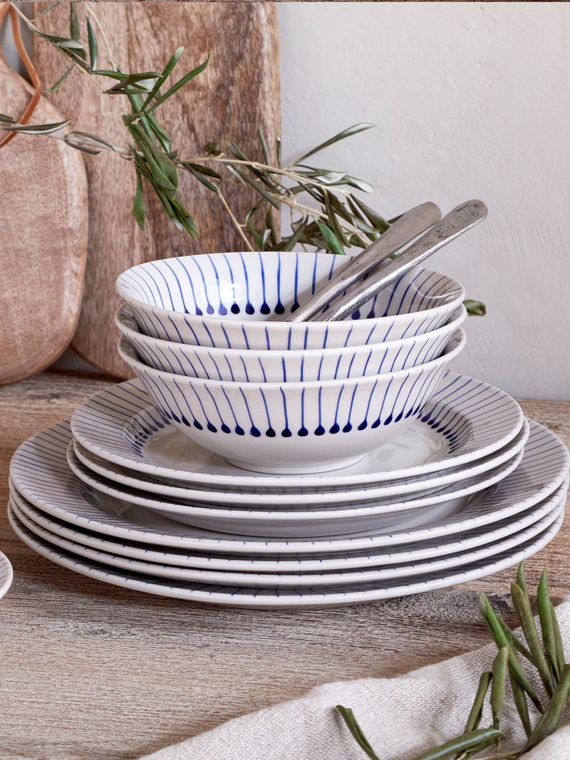 Nkuku Iba dinnerware set cream indigo 12 piece, imported from the UK