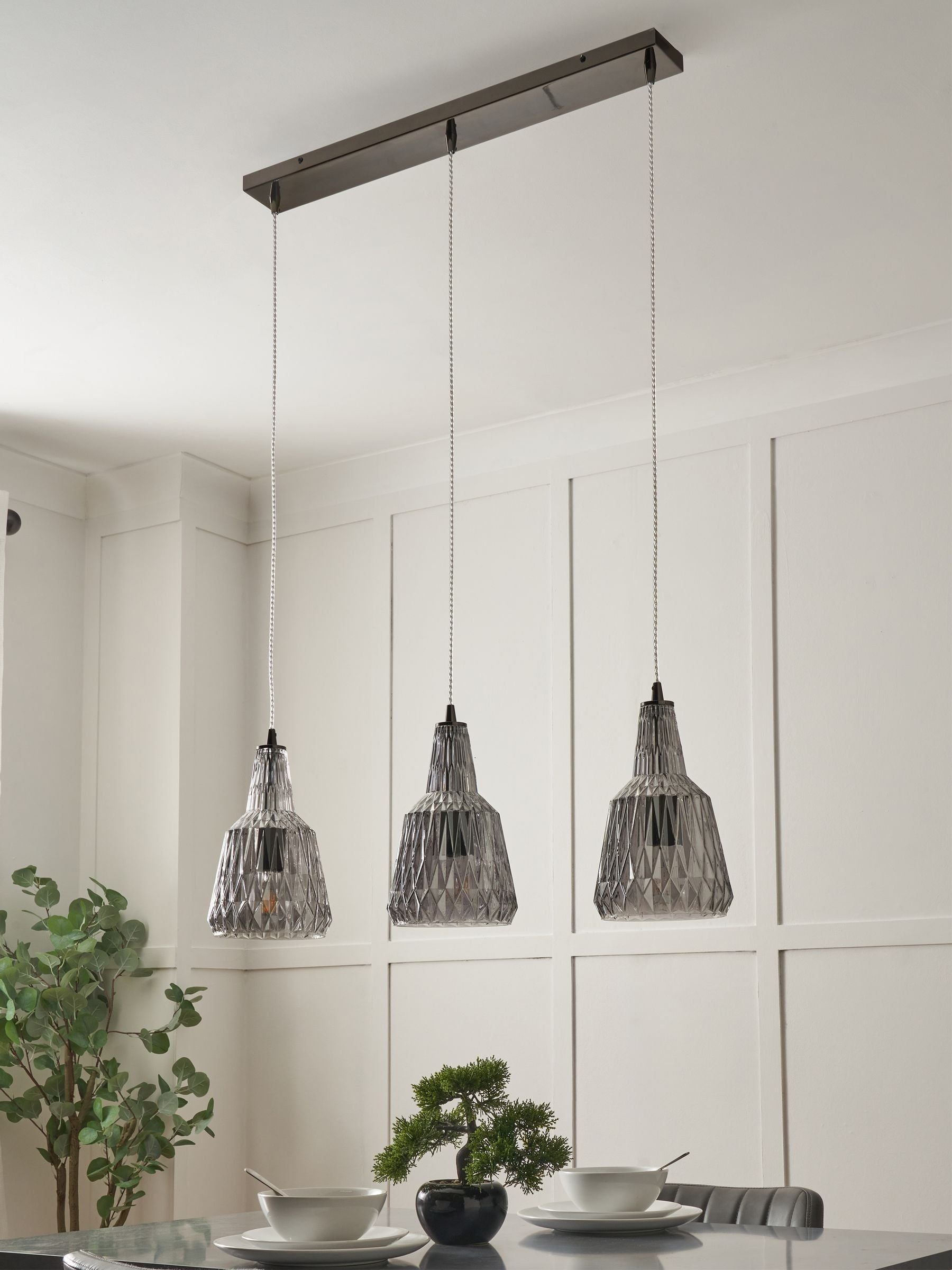 BHS Mikael 3-light smoky grey glass ceiling pendant - British product