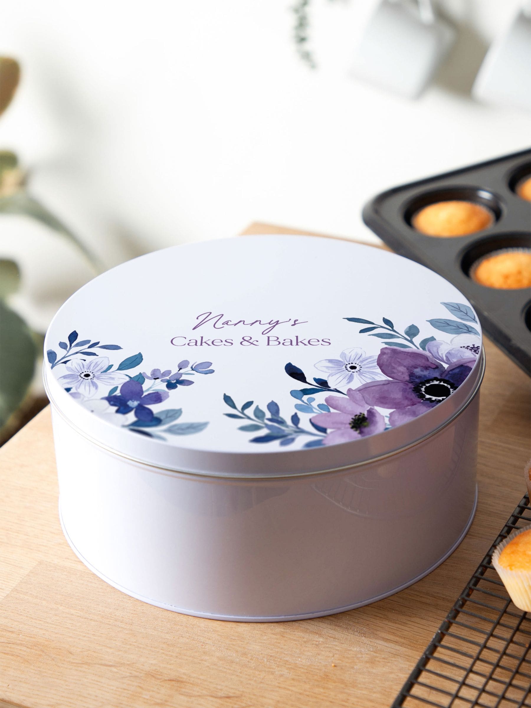 No Ordinary Gift personalised purple floral cake tin 23cm, imported from the UK