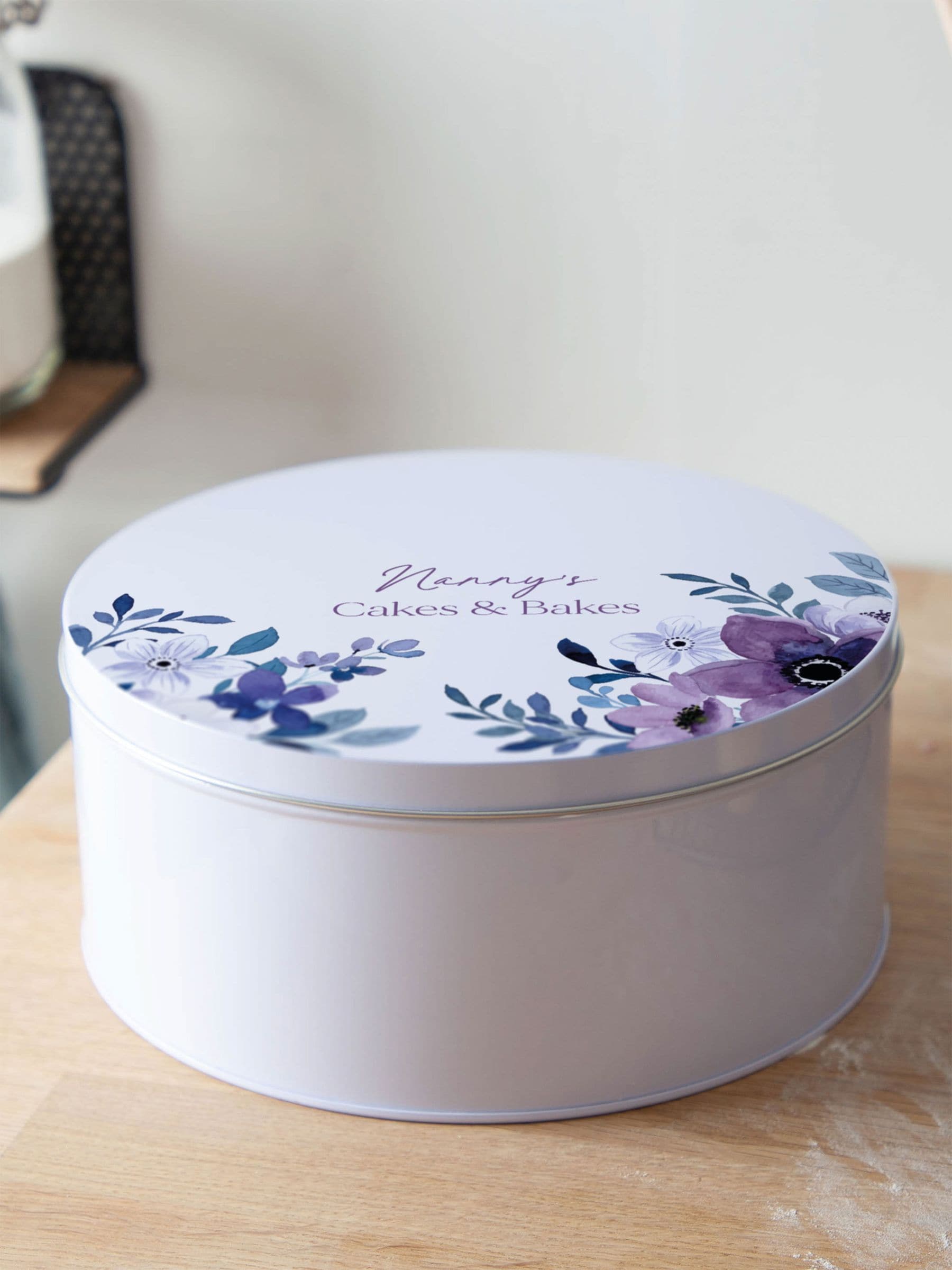 No Ordinary Gift personalised purple floral cake tin 23cm, imported from the UK