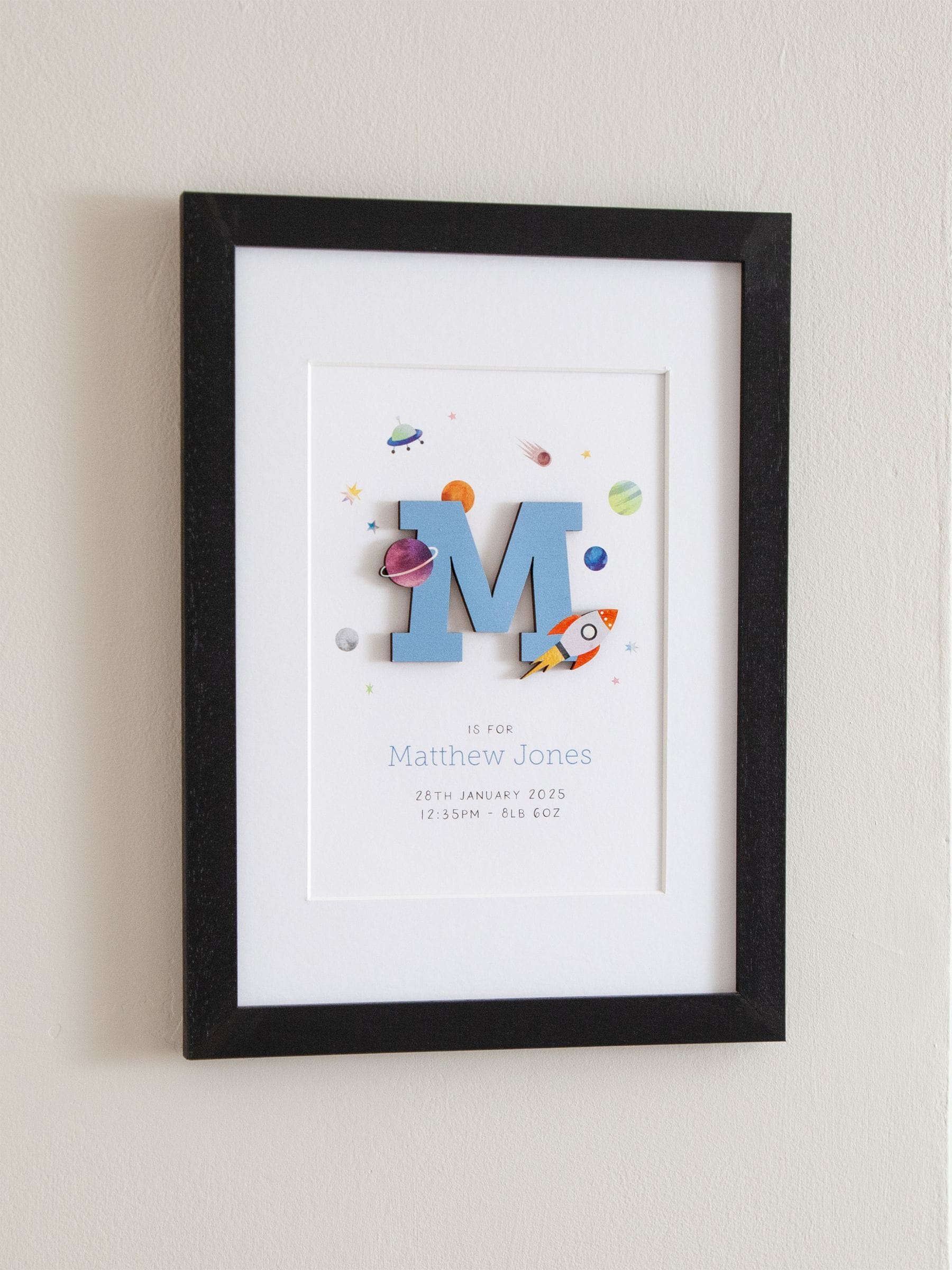 No Ordinary Gift personalised rocket and planets initial print A5, imported from the UK
