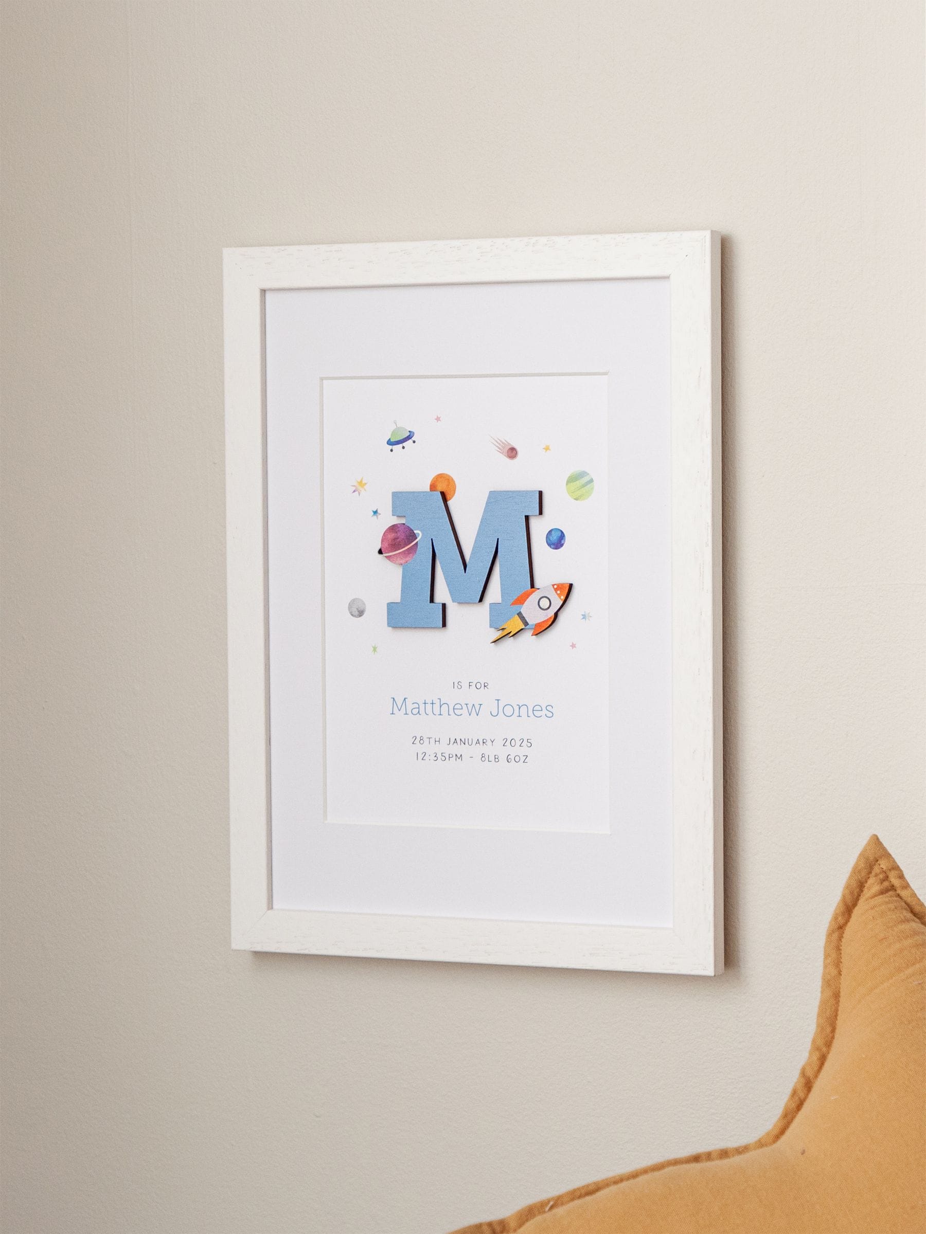 No Ordinary Gift personalised rocket and planets initial print A5, imported from the UK