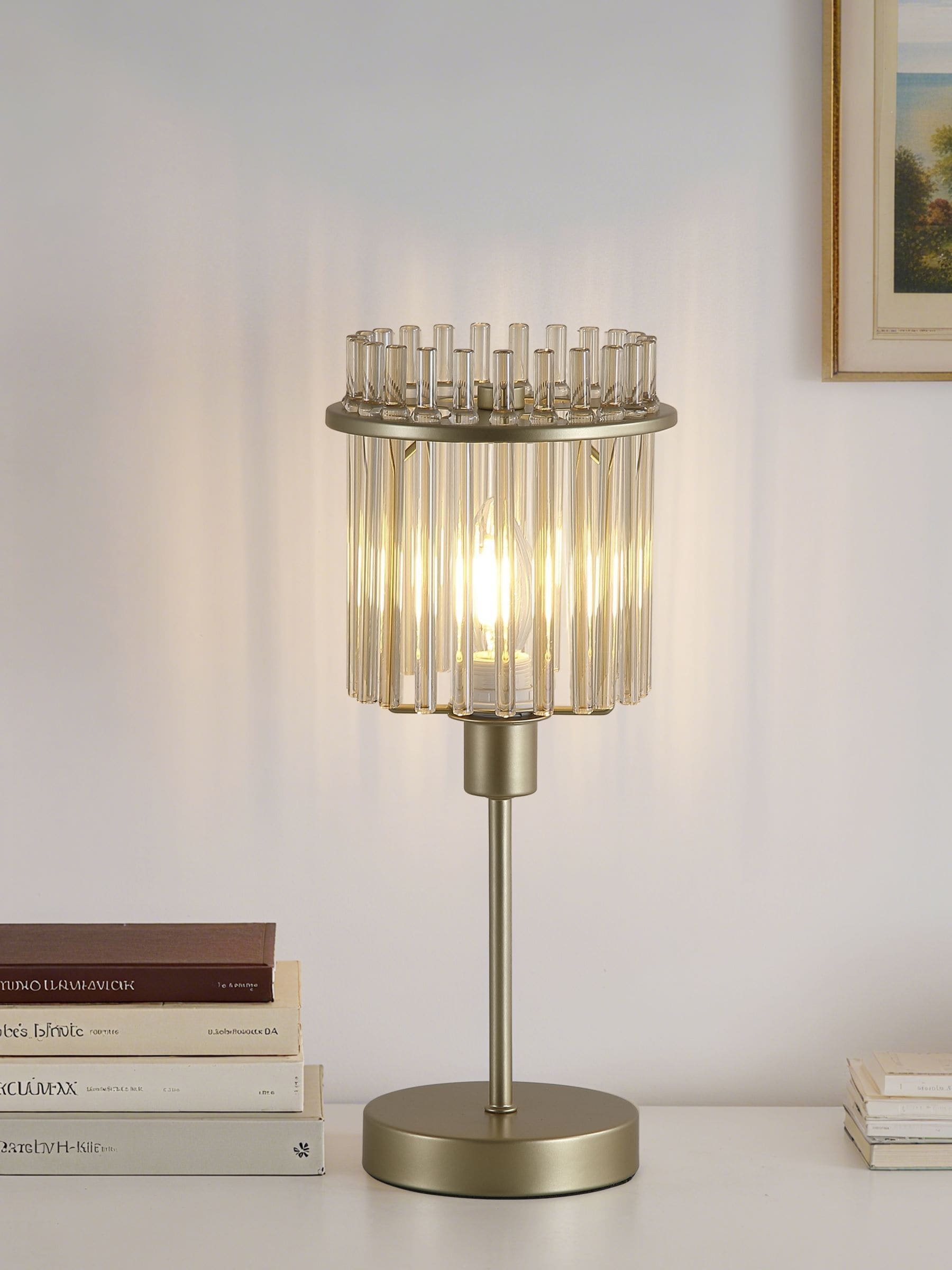 Searchlight chrome gold glass rod table lamp, imported from the UK