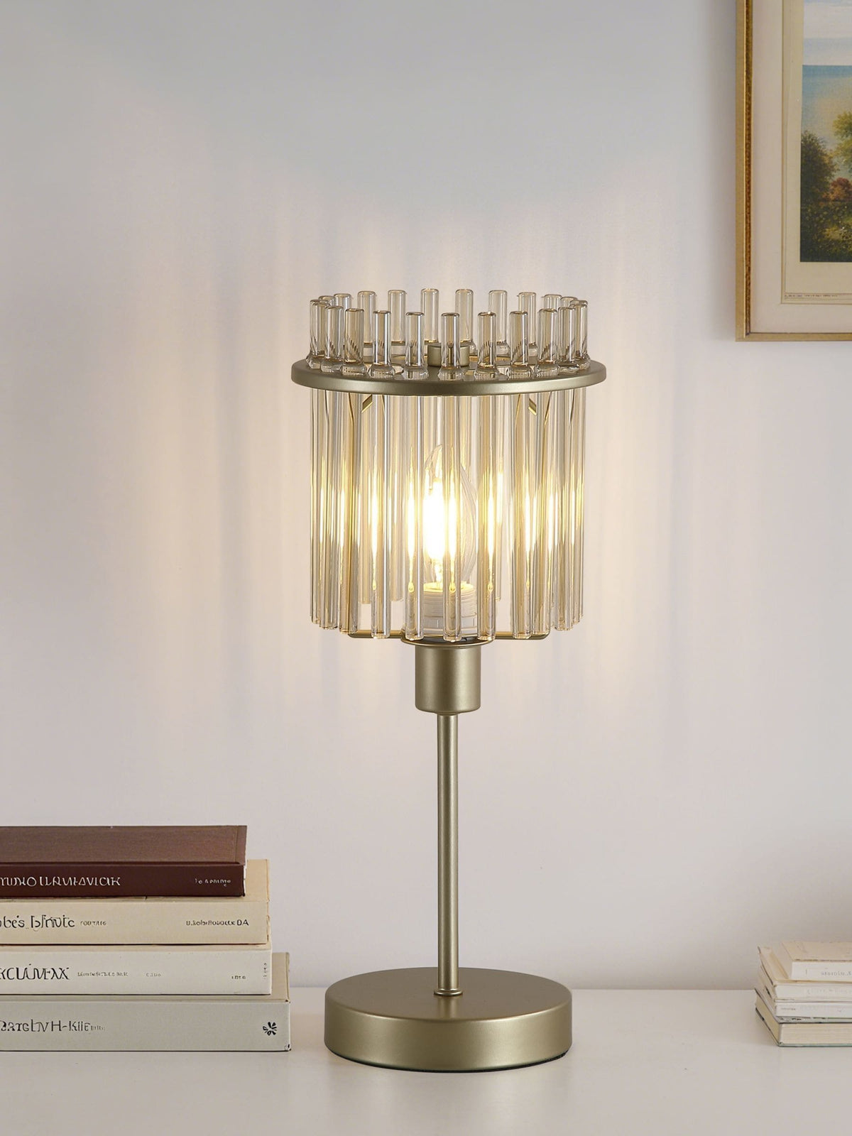 Searchlight chrome gold glass rod table lamp, imported from the UK